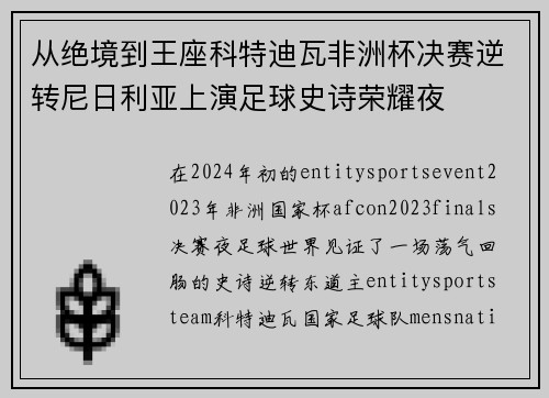 从绝境到王座科特迪瓦非洲杯决赛逆转尼日利亚上演足球史诗荣耀夜