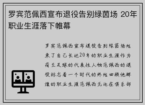罗宾范佩西宣布退役告别绿茵场 20年职业生涯落下帷幕