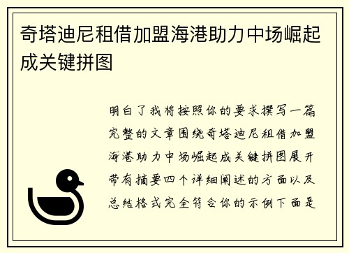 奇塔迪尼租借加盟海港助力中场崛起成关键拼图