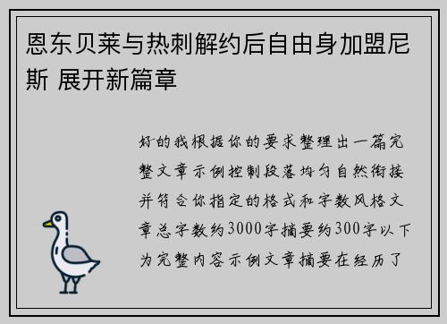 恩东贝莱与热刺解约后自由身加盟尼斯 展开新篇章