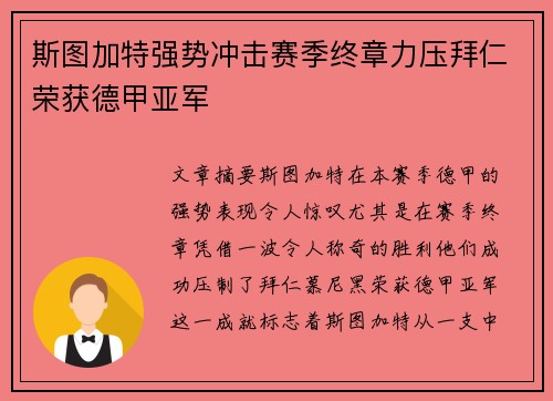 斯图加特强势冲击赛季终章力压拜仁荣获德甲亚军