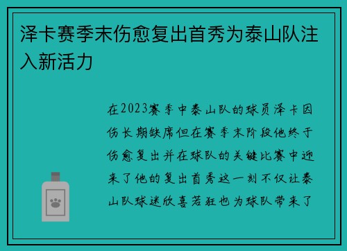 泽卡赛季末伤愈复出首秀为泰山队注入新活力 泽卡赛季末伤愈复出首秀为泰山队注入新活力